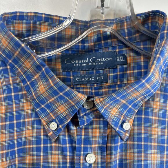 Coastal Cotton Plaid Long Sleeve Classic Fit Blue/Org Button Down Shirt Mens XXL - Picture 2 of 10